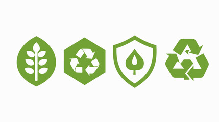 Obraz premium Four green icons, including a leaf, recycling symbol, shield with leaf, and another recycling symbol, set on white