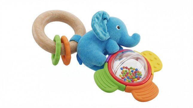 Blue elephant baby rattle toy with wooden teether ring isolated on a white background.