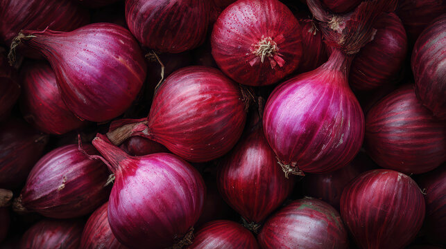 Fresh organic red onions close-up in rustic harvest pile with natural lighting and rich purple hues