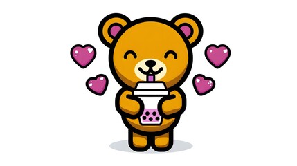 Obraz premium Cute cartoon teddy bear enjoying a bubble tea drink with hearts.