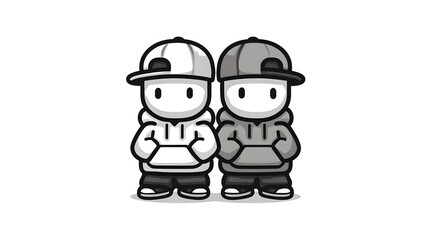 Cute Cartoon Twins Wearing Hoodies and Baseball Caps.