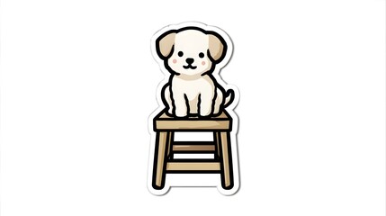 Fototapeta premium Cute Cartoon White Puppy Sitting on a Wooden Stool.