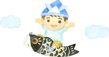 こいのぼりに乗って空を飛ぶ男の子の水彩イラスト
