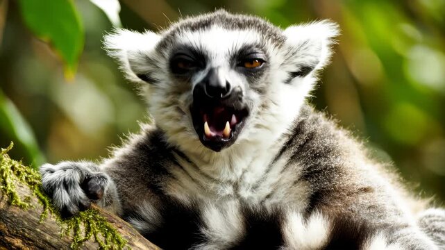 lemur closeup portrait yawns, ring-tailed lemurs, Tenerife, wildlife, Madagascar, primates, animal behavior, nature, zoo, furry animal, exotic animals mammals, animal sanctuary, animal kingdom. Nature