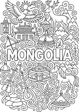 Mongolia hand drawn vector illustration doodle art line art coloring page for kids