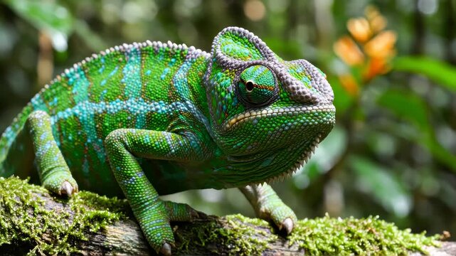 A vibrant green Parson's chameleon rests on a branch. Its striking green scales and distinctive horn-like casque are clearly visible, as are its independently rotating eyes. Madagascar.
