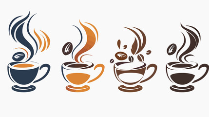 Obraz premium Four stylized, colored coffee cups with rising steam and coffee beans on a white background
