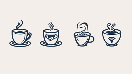 Obraz premium Four stylized coffee cups, each on a saucer, with different steam/design motifs