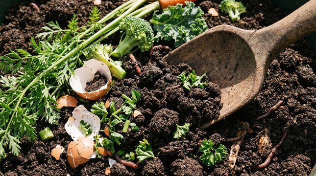 Organic compost soil mixed with crushed eggshells and natural biodegradable waste for fertilizer.