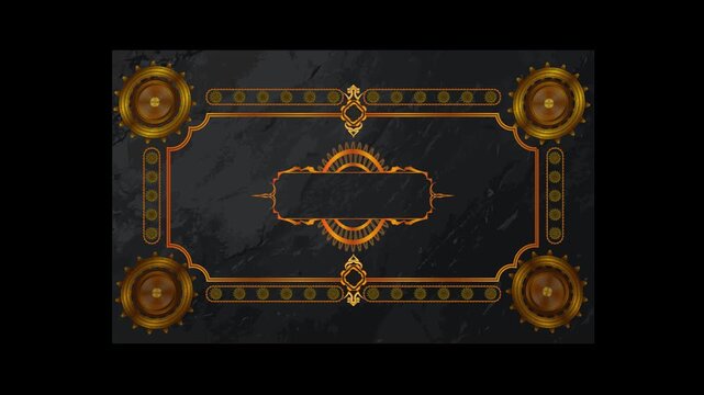 Elegant steampunk style banner with golden mechanical gears and decorative frame on dark marble texture background, perfect for vintage technology themed design.