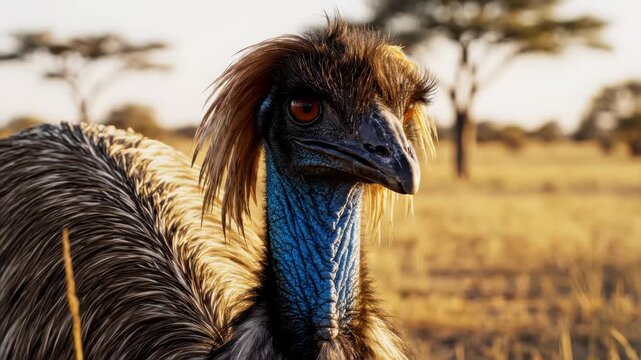unusually beautiful and unusual emu ostrich looks at the camera with big eyes and a big mouth