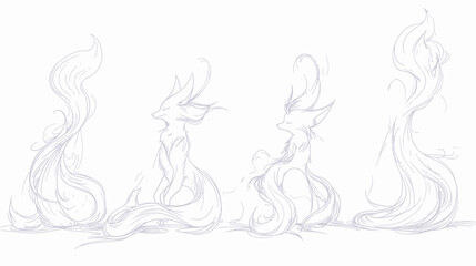 Fototapeta premium Fanciful sketch of four ethereal fox-like creatures with large, flowing tails