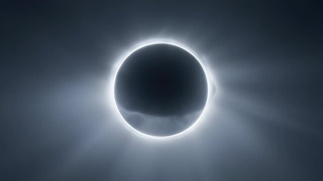 Total Solar Eclipse with Brilliant Corona and Dark Moon Against Grey Sky
