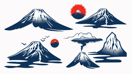 Several mountain landscapes of different styles are scattered on a white background