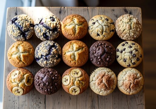 Assorted muffins with various toppings on wooden board