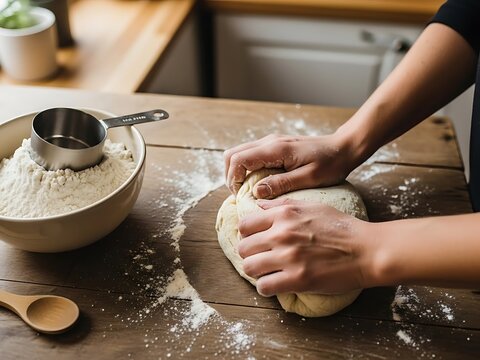 Baker kneading dough on a floured wooden surface in warm kitchen