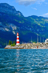 Fototapeta premium Hafen Unterterzen Gemeinde Quarten am Südufer des Walensees, Kanton St. Gallen