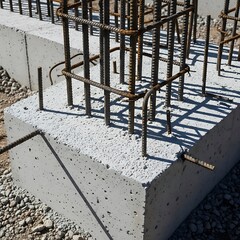 Construction scene showcases concrete foundation with rebar framework preparation