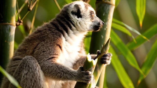 Bamboo lemur enjoys a fresh bamboo shoot in the soft sunlight, showcasing its natural behavior and unique charm.