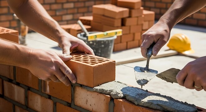 Close-up of Bricklayers Constructing a Wall with Precision and Teamwork