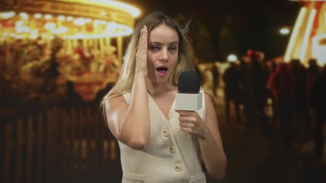 Young blonde woman holding microphone with hand to face at busy street fair at night; surprise live report.