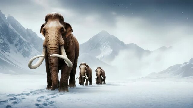 Woolly mammoths walking in snow field. Prehistoric animals traveling through a winter mountain landscape in paleolithic era.