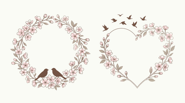 Minimalist Cherry Blossom Bird Frame Illustration Circle and Heart Floral Design