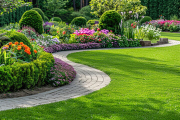 Landscape gardening design with green manicured lawn, green backyard with colorful blooming flower beds.	