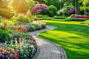 Landscape gardening design with green manicured lawn, green backyard with colorful blooming flower beds.	