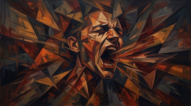 Explosive Expression of Raw Emotion Depicted in Fractured Geometric Portrait