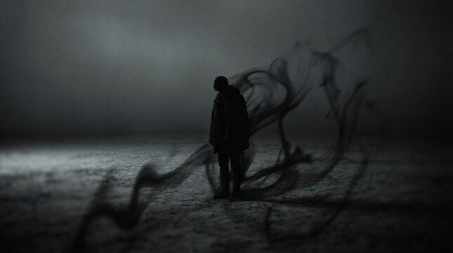 Solitary figure engulfed by abstract dark smoke in a desolate atmosphere