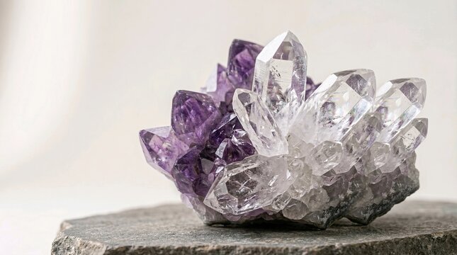 large natural amethyst druzy and clear quartz crystal cluster on stone base for spiritual healing and meditation wellness concept
