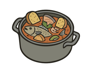 Bouillabaisse. Traditional French seafood cuisine. Vector isolated illustration
