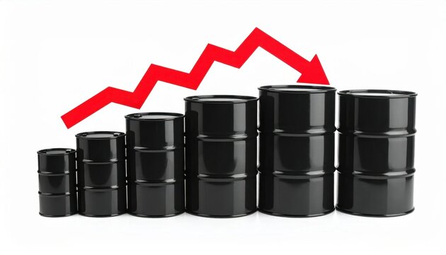 Stack of Black Oil Barrels with Upward Trend Graph and Downward Arrow Indicating Market Fluctuation