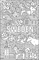 Fototapeta premium Sweden hand drawn vector illustration doodle art line art coloring page for kids