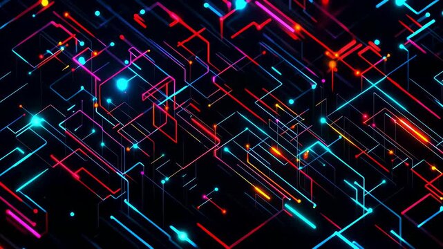 Vibrant Neon Circuit Board with Glowing Lines and Nodes.