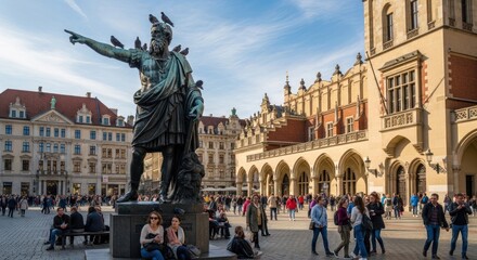 Obraz premium Bronze statue in city square with people, birds, and old buildings behind
