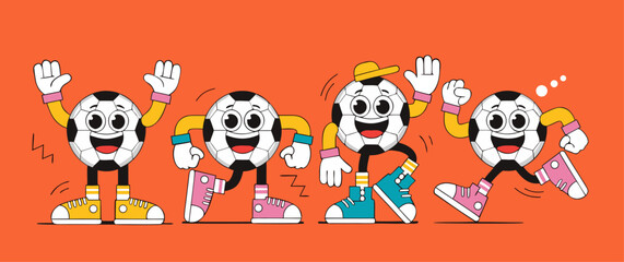 Funny soccer ball characters in different poses on bright background. Playful football mascots with big eyes and sneakers, ideal for sports branding, kids illustrations, stickers and game graphics. © KosaDesign