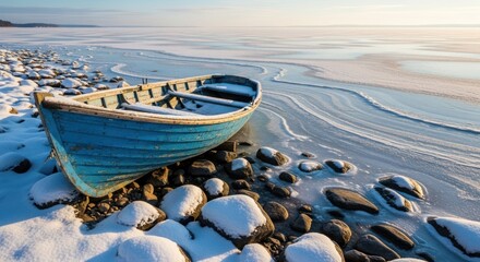 Fototapeta premium Blue rowboat on snow-covered rocks with partially frozen water in winter
