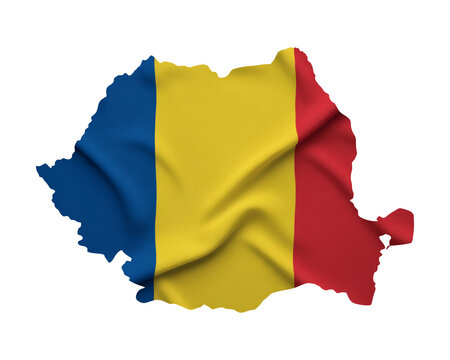 Romanian flag waving in shape of the country, perfect for travel, tourism, or national pride projects