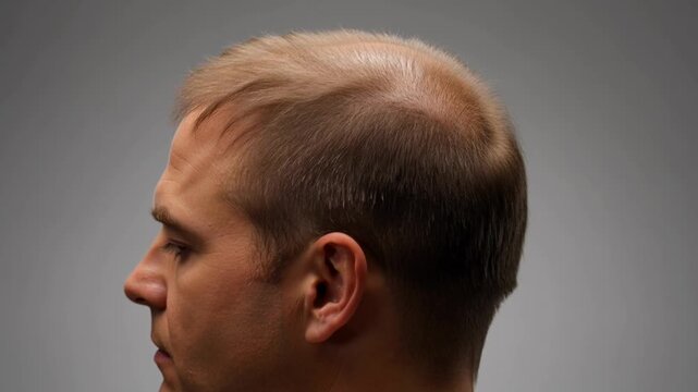 Side profile of a man with noticeable hair loss and thinning, showcasing a common male pattern baldness concern and early stages of hair recession as he ages