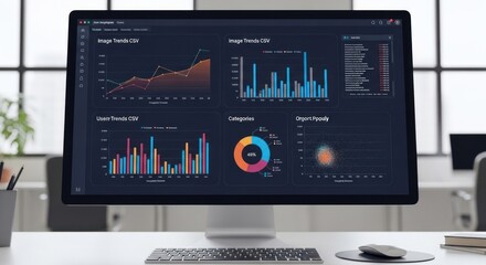 Computer screen showing data visualizations, charts and graphs in dark theme