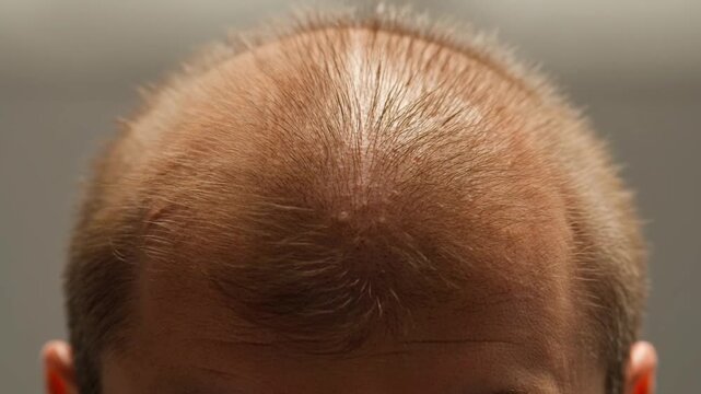 The visible signs of male hair thinning and early stages of baldness on a man's scalp, indicative of common age-related changes