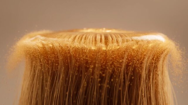Intricate close-up of golden-brown fibers creating a dynamic, textured, and effervescent display of fine threads and particles