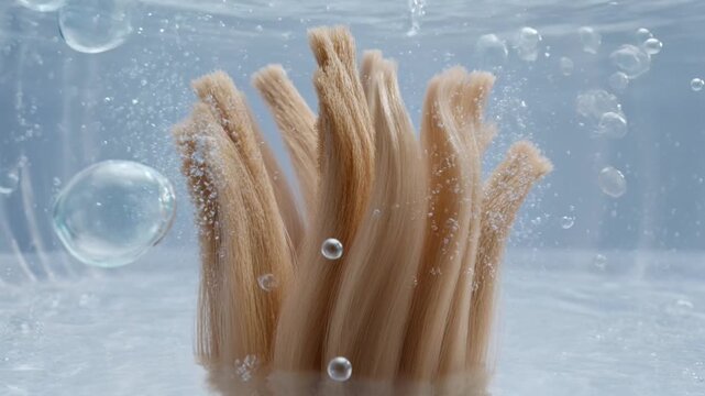 Detailed view of absorbent fabric bristles gently immersed in clear water with numerous refreshing air bubbles, symbolizing purity and deep cleansing