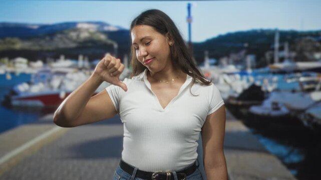Young hispanic woman with thumbs down gesture on street by port marina and boat, wearing white shirt and jeans; disapproval.
