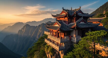 Fototapeta premium Ornate pagoda sits atop mountain overlooking ranges, sky illuminated at sunset