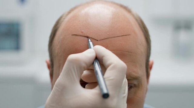 Medical professional meticulously preparing a client's head for a transformative hair transplant surgery, outlining precise treatment zones