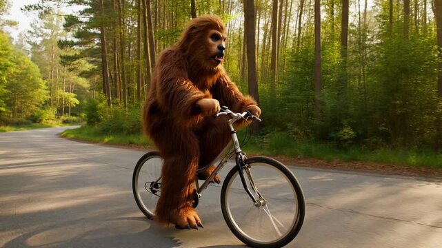 An enigmatic ape-like figure on a bicycle rides through a tranquil tree-lined path, presenting a whimsical and rare spectacle