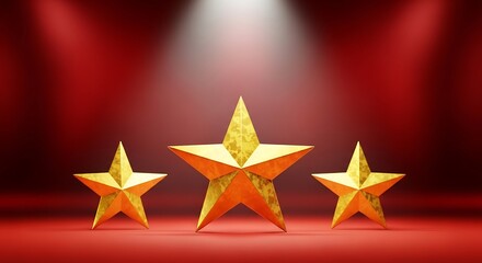 Fototapeta premium Three golden stars are spotlighted against a red backdrop, for achievement or recognition
